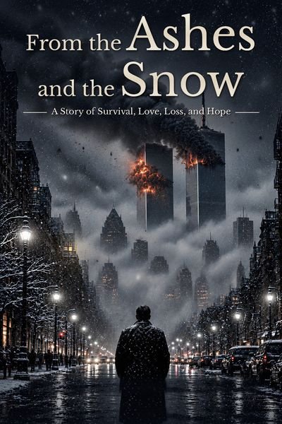 The front cover of From the Ashes and the Snow: a man seen from behind in a snowy New York street at night, warm streetlights ahead, smoke and fog above.